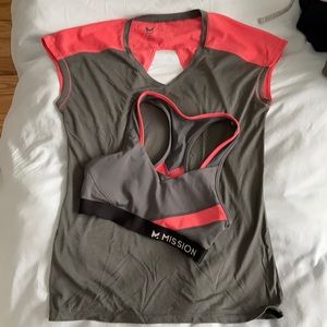 Mission athletic top and sports bra. Gray/neon pink